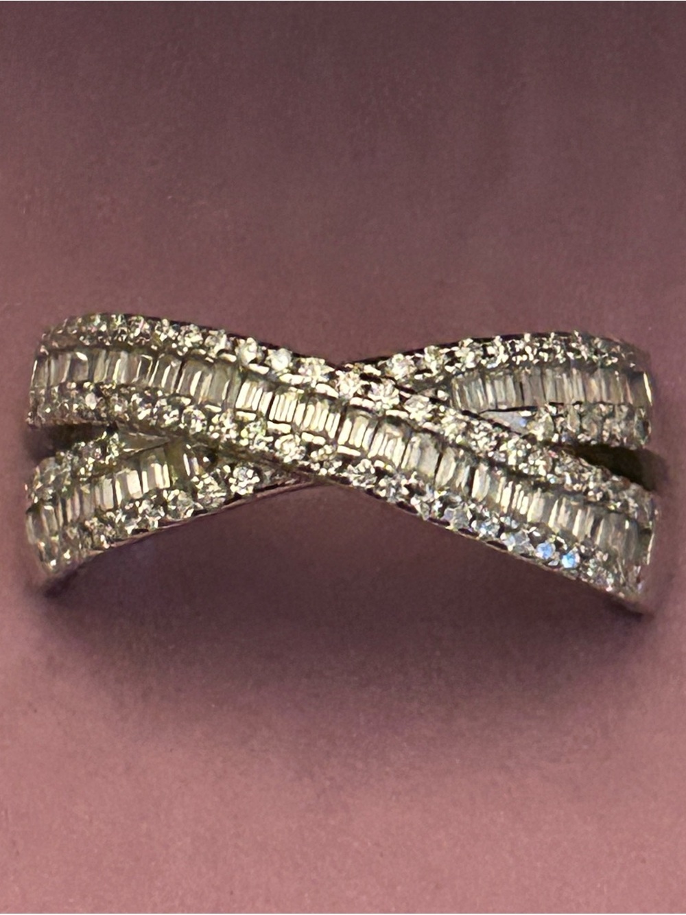 Genuine Moissanite Crisscross Pavé Round and Baguette Multi-Row Ring 925 SSilver